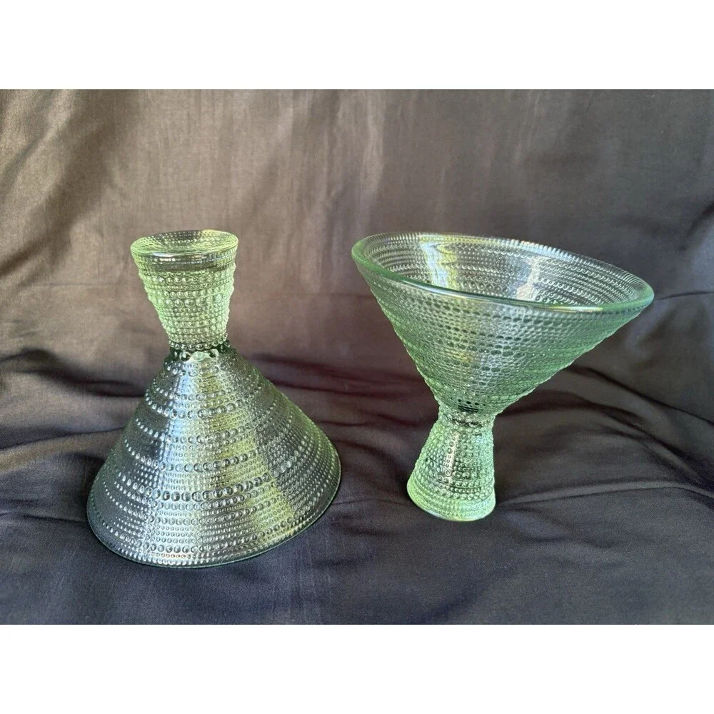 Unmarked Set of 2 Green Textured Glass Martini Glasses 5in Diameter